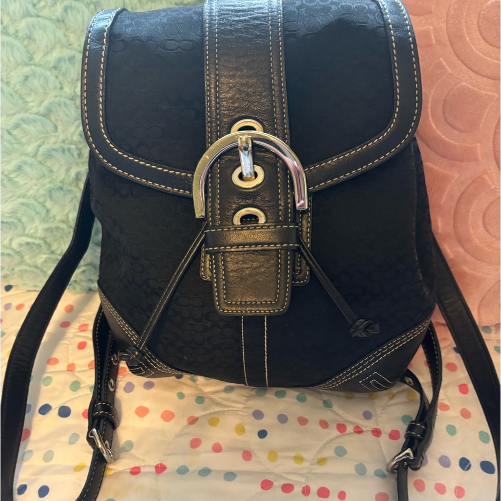 COACH Black leather and canvas flip top backpack bag, medium